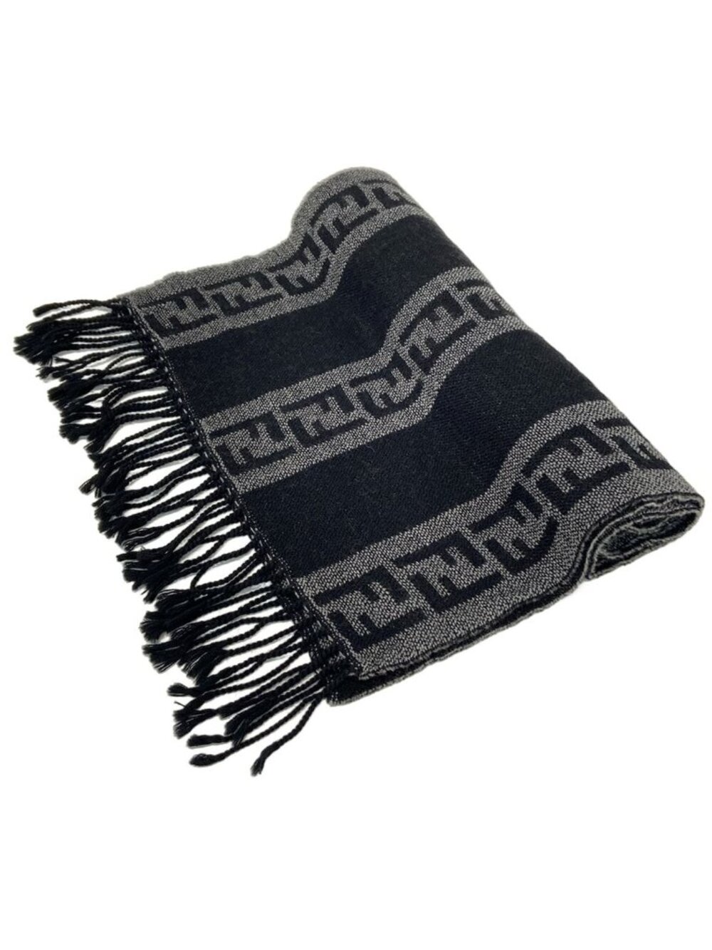 Fendi Scarf Black Dark Gray Zucca Pattern Wool
